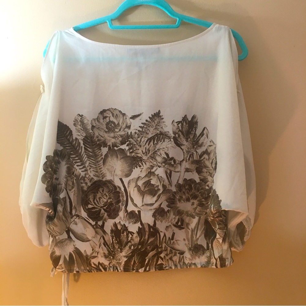BCBG Maxazria 3/4 Open-Sleeve Blouse Crop Tie Top Cream Brown Gray Floral XXS